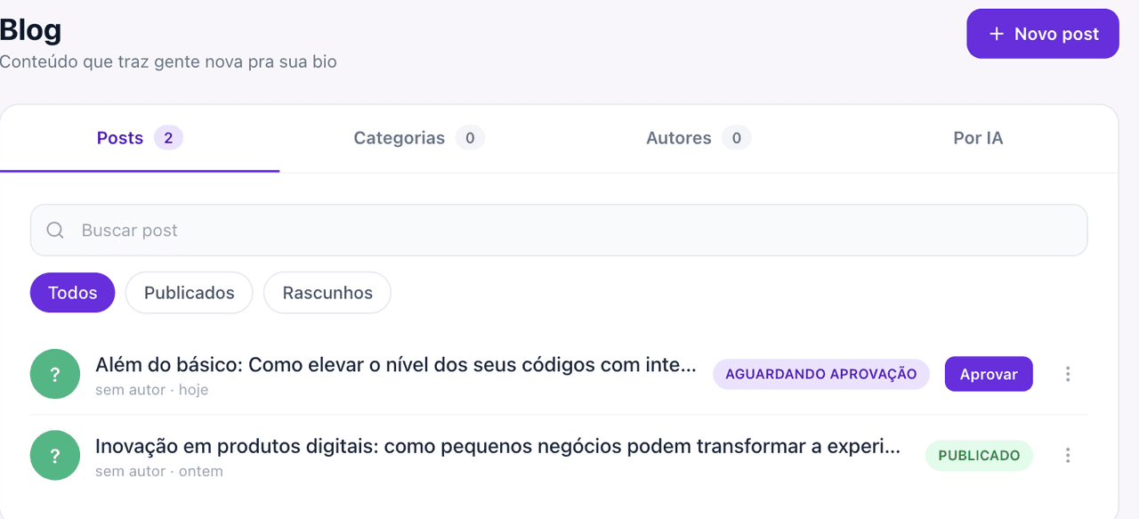 Aba Posts do blog com um post marcado como aguardando aprovação e o botão Aprovar ao lado.