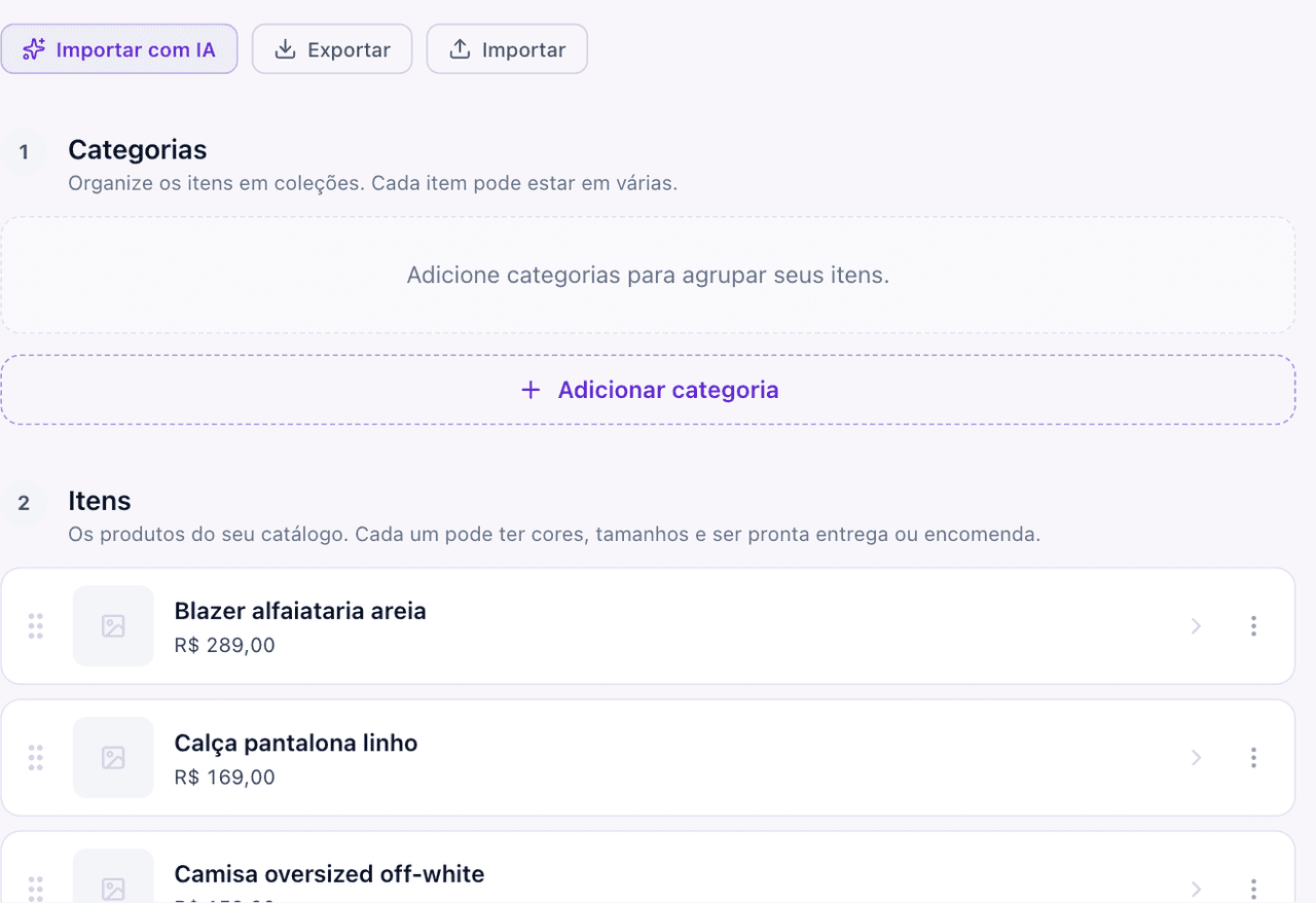 Aba Catálogo: bloco de Categorias com o botão Adicionar categoria e a lista de Itens com nome e preço.
